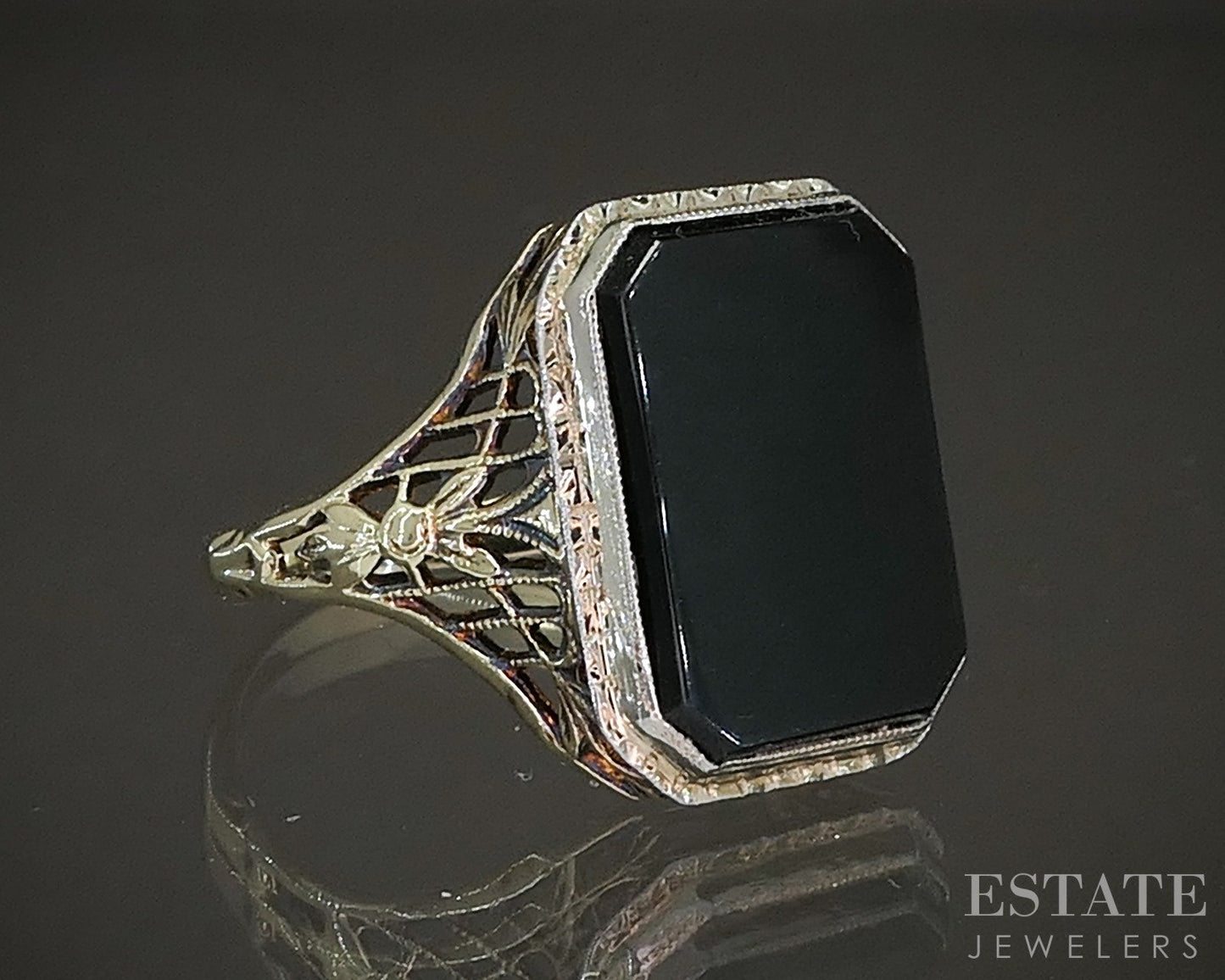 Antique 14k Yellow & White Gold Natural Black Onyx Filigree Ring 2.7g p21647b