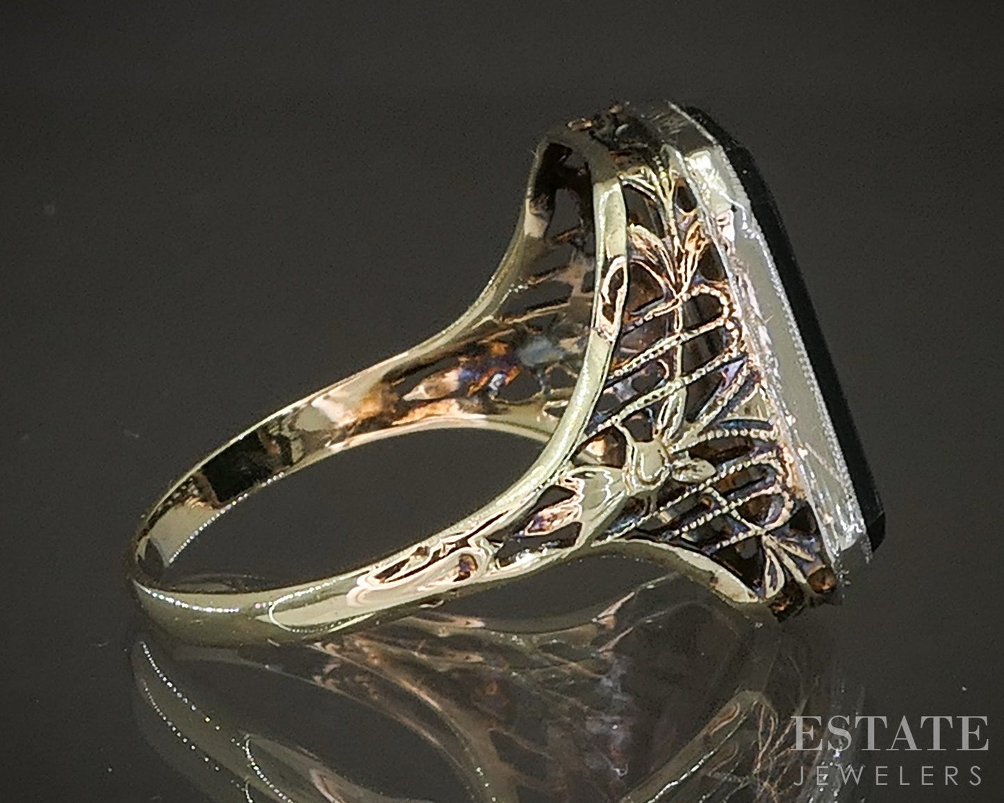 Antique 14k Yellow & White Gold Natural Black Onyx Filigree Ring 2.7g p21647b