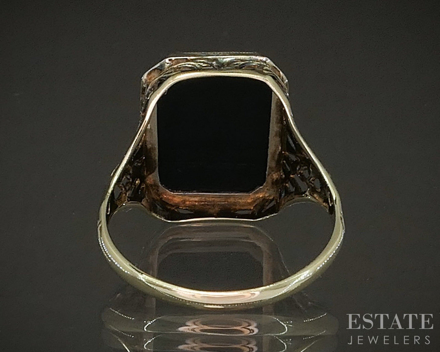 Antique 14k Yellow & White Gold Natural Black Onyx Filigree Ring 2.7g p21647b