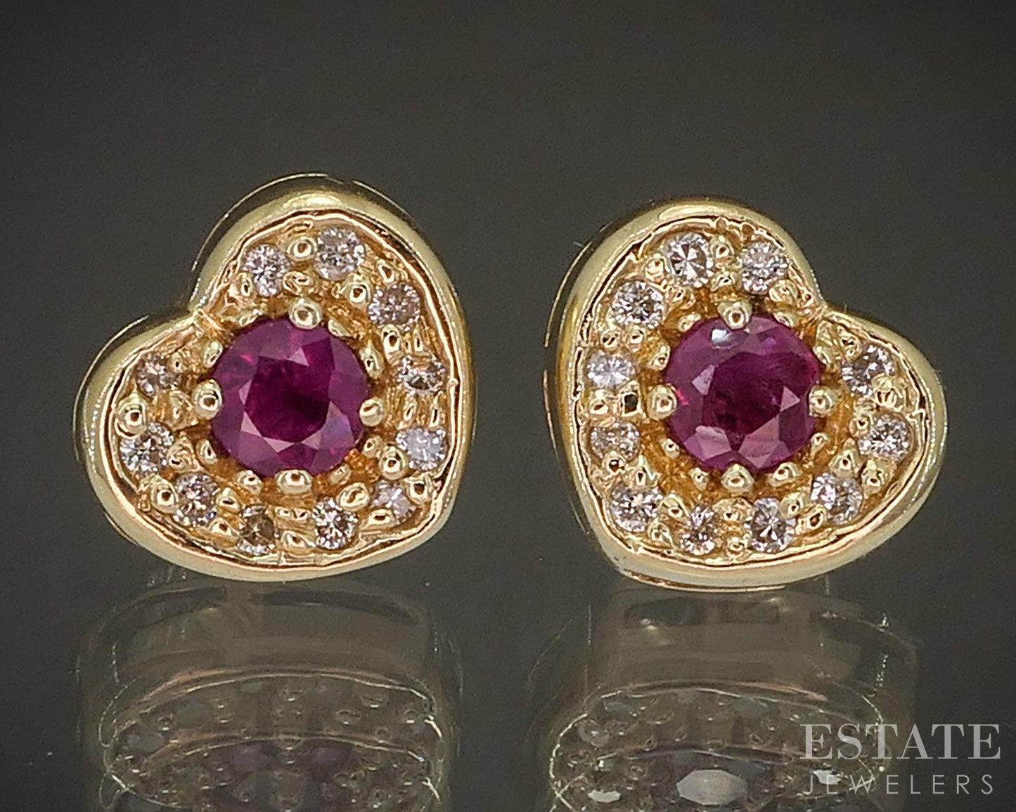 14k Yellow Gold Ruby & Diamond Heart Stud Earrings 2.9g p19735