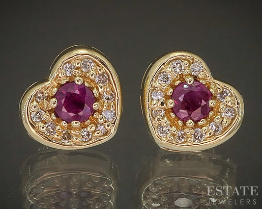 14k Yellow Gold Ruby & Diamond Heart Stud Earrings 2.9g p19735