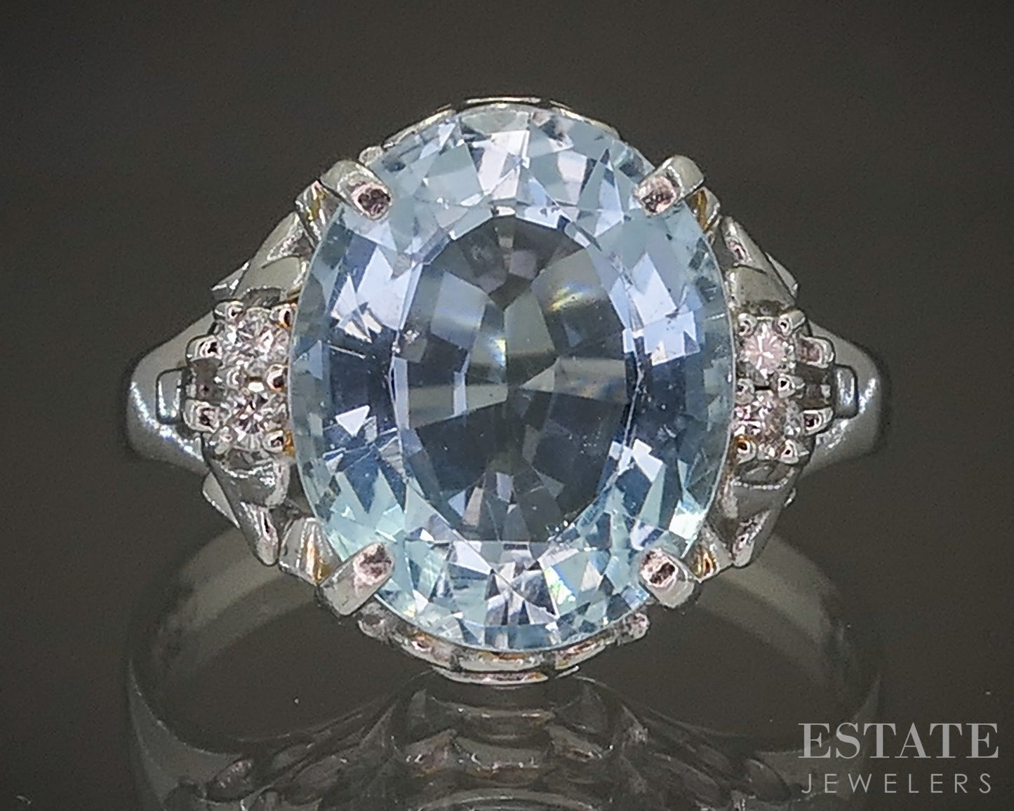 Art Deco Platinum Natural Aquamarine & Diamond Filigree Ring 4.1g p18417