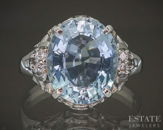 Art Deco Platinum Natural Aquamarine & Diamond Filigree Ring 4.1g p18417