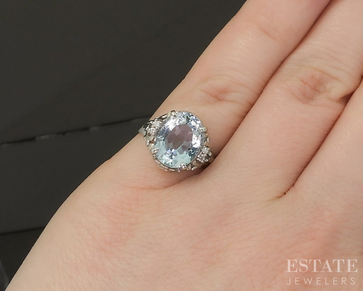 Art Deco Platinum Natural Aquamarine & Diamond Filigree Ring 4.1g p18417