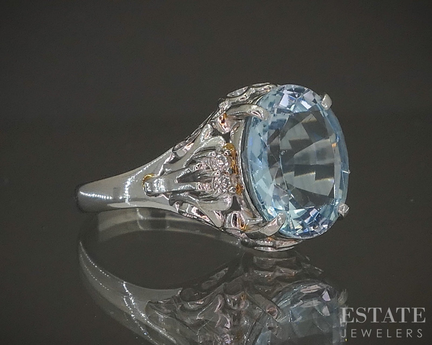 Art Deco Platinum Natural Aquamarine & Diamond Filigree Ring 4.1g p18417