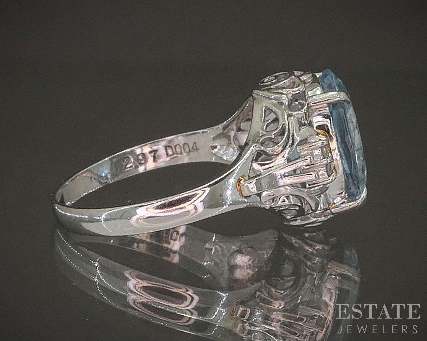 Art Deco Platinum Natural Aquamarine & Diamond Filigree Ring 4.1g p18417