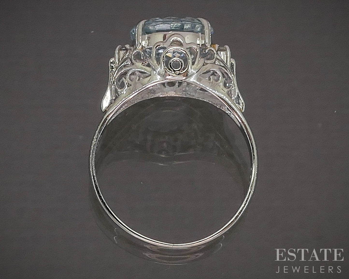 Art Deco Platinum Natural Aquamarine & Diamond Filigree Ring 4.1g p18417