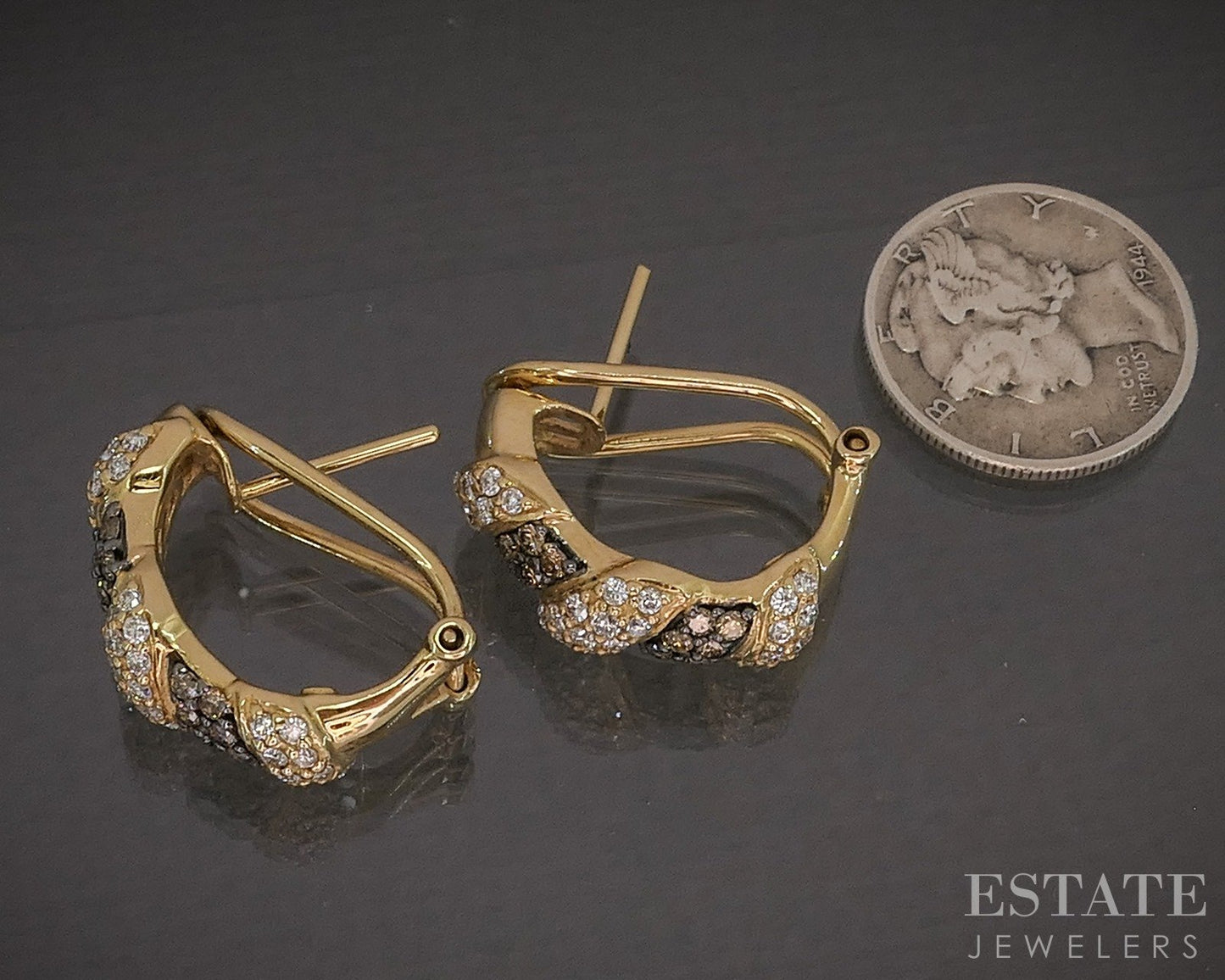 14k Honey Gold LeVian Natural .72ctw Diamond Omega Back Hoop Earrings 7g p18737