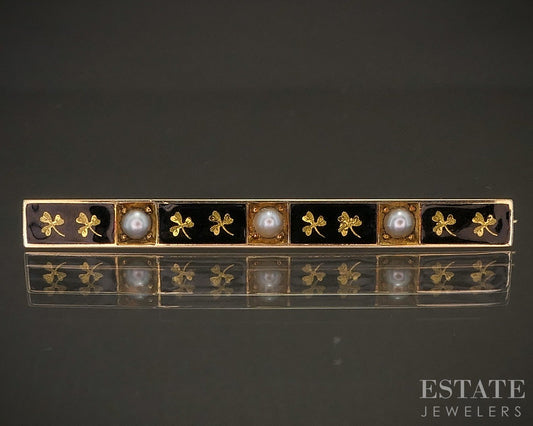 Antique 14k Yellow Gold Enameled Seed Pearl Bar Pin Brooch 2.9g p19147