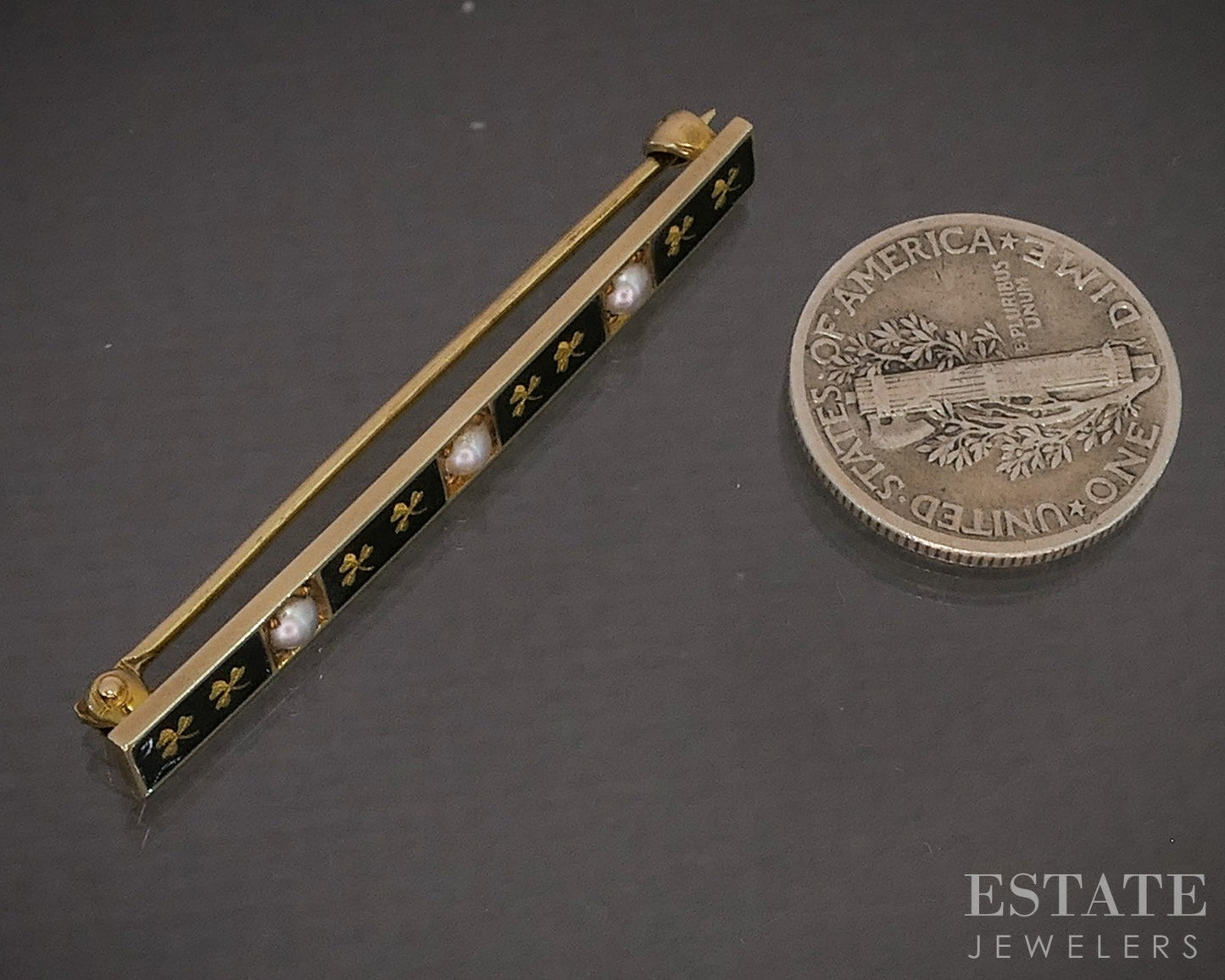 Antique 14k Yellow Gold Enameled Seed Pearl Bar Pin Brooch 2.9g p19147