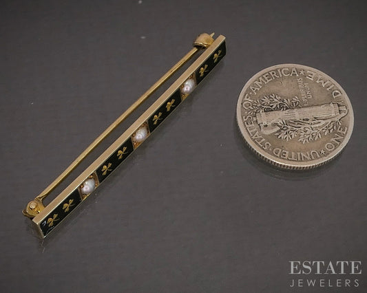 Antique 14k Yellow Gold Enameled Seed Pearl Bar Pin Brooch 2.9g p19147