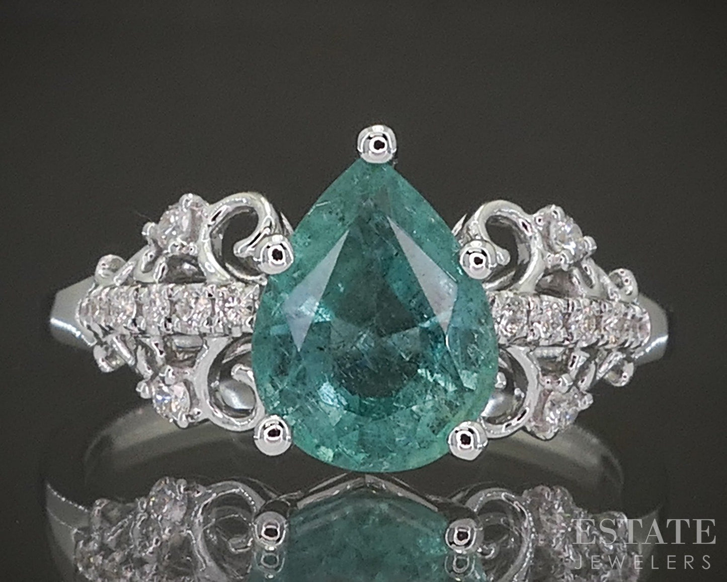 New 14k White Gold 1.43ct Natural Pear Emerald & Diamond Engagement Ring p23484