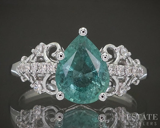 New 14k White Gold 1.43ct Natural Pear Emerald & Diamond Engagement Ring p23484