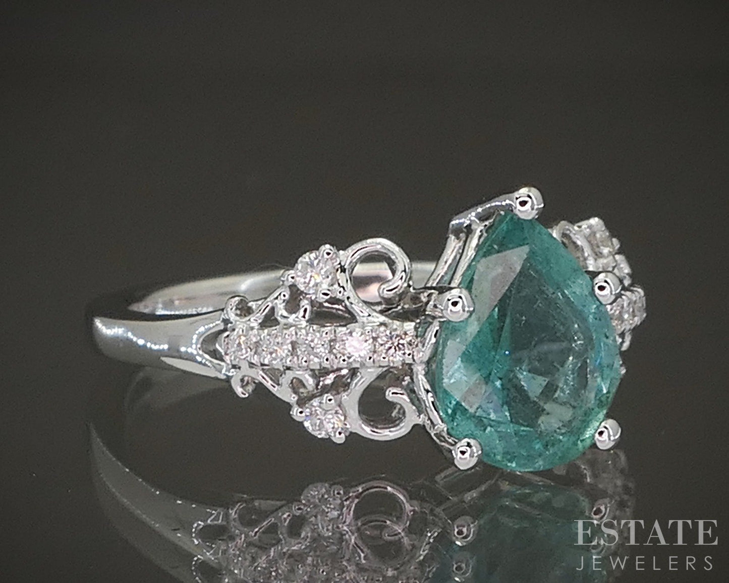 New 14k White Gold 1.43ct Natural Pear Emerald & Diamond Engagement Ring p23484