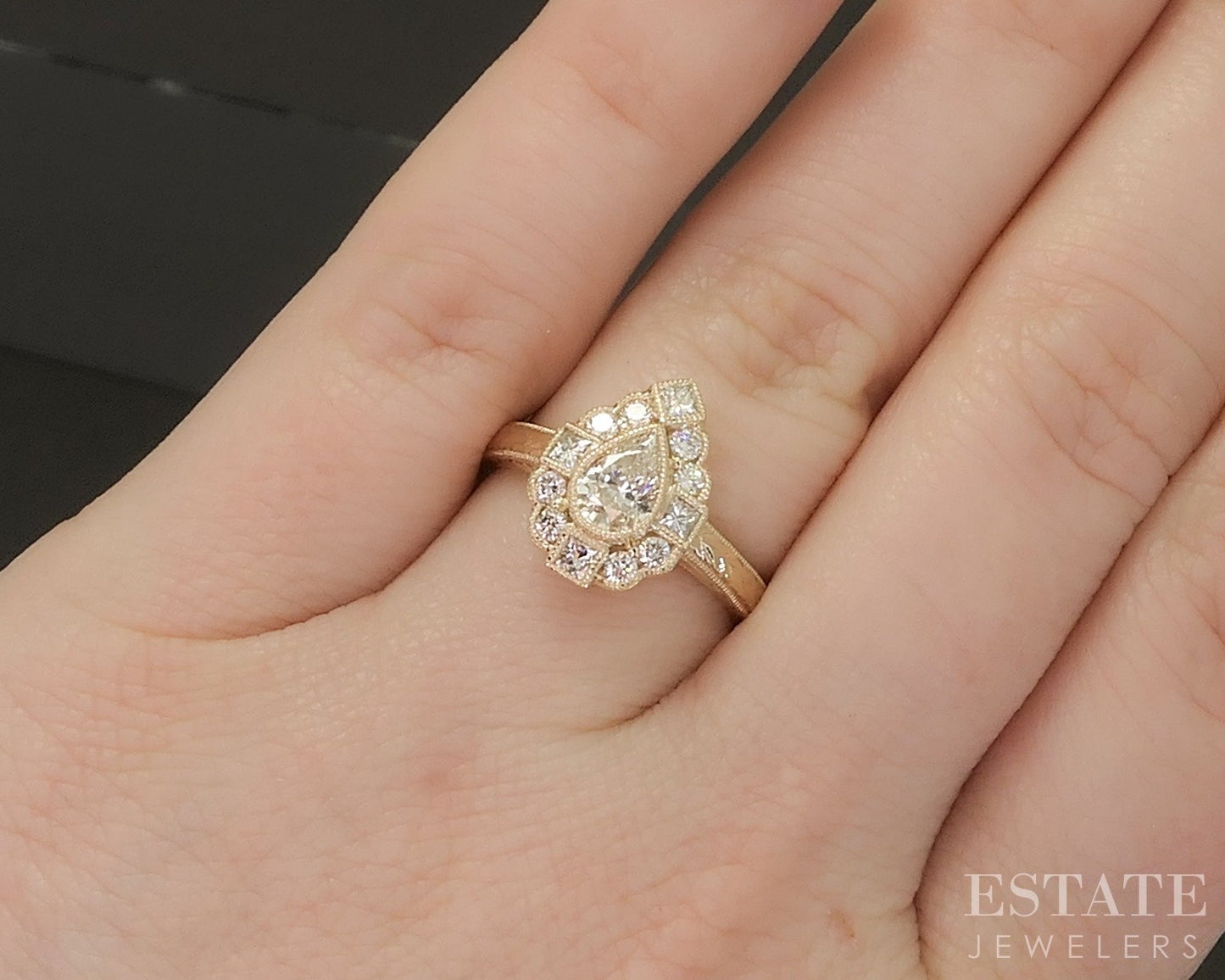 Estate Jewelers "Anne" Vintage Inspired Pear Diamond Engagement Ring p23485