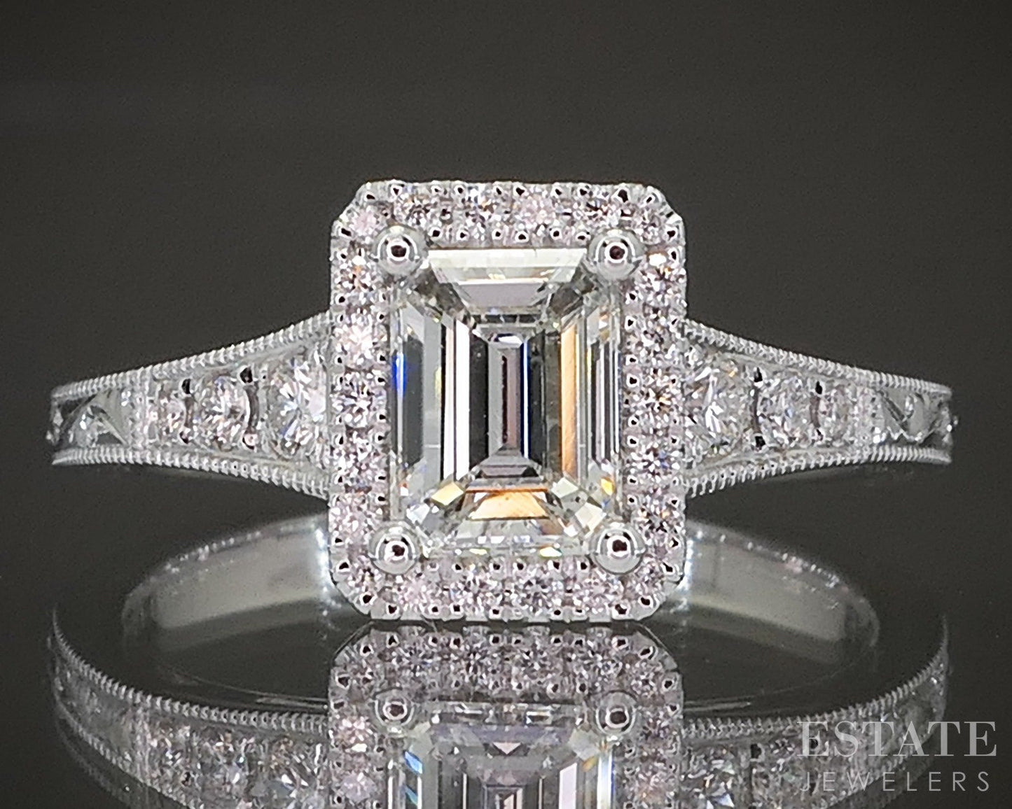 Estate Jewelers "Emma" Emerald Cut Diamond Halo Engagement Ring p23483