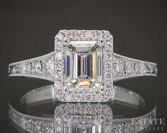 Estate Jewelers "Emma" Emerald Cut Diamond Halo Engagement Ring p23483
