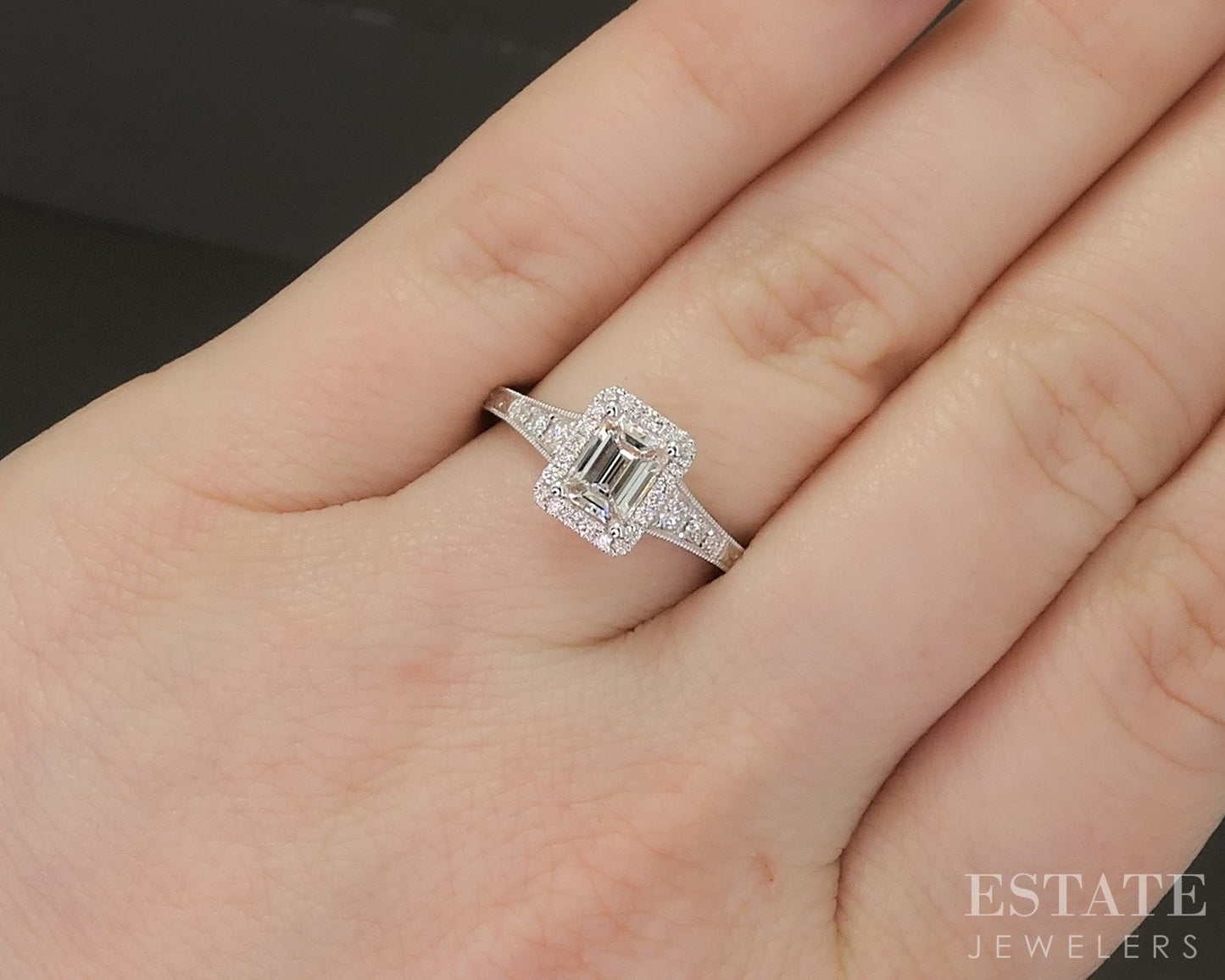 Estate Jewelers "Emma" Emerald Cut Diamond Halo Engagement Ring p23483