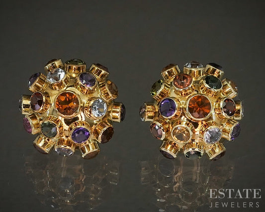 Vintage 14k Yellow Gold Natural Multi Gem Sputnik Button Earrings 4.2g p21170
