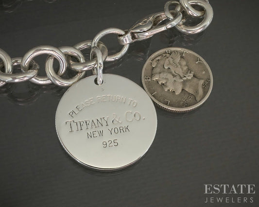 Sterling Silver Tiffany & Co. Return Circle Tag Ladies Bracelet 33g 7.5"L p21395