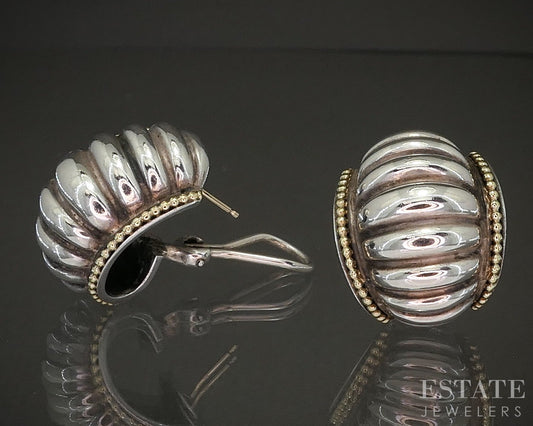18k & Sterling Lagos Caviar Scalloped Half Hoop Omega Back Earrings 31g p20973