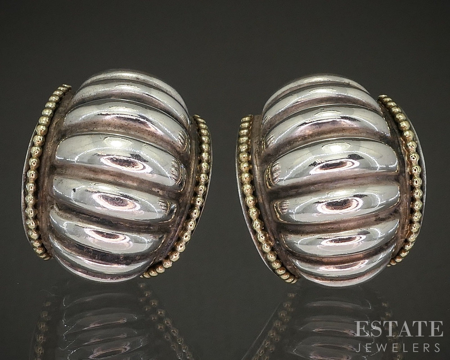 18k & Sterling Lagos Caviar Scalloped Half Hoop Omega Back Earrings 31g p20973