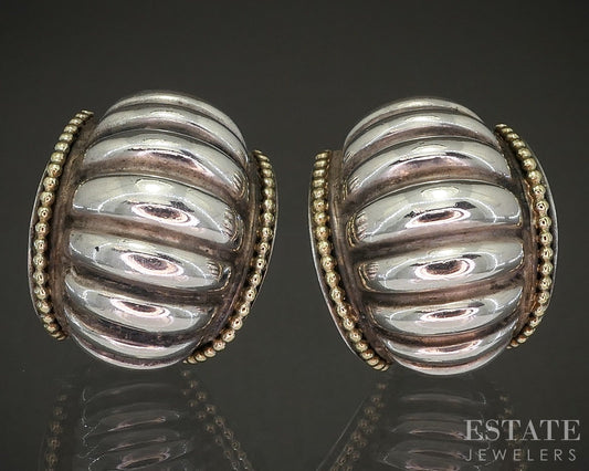18k & Sterling Lagos Caviar Scalloped Half Hoop Omega Back Earrings 31g p20973