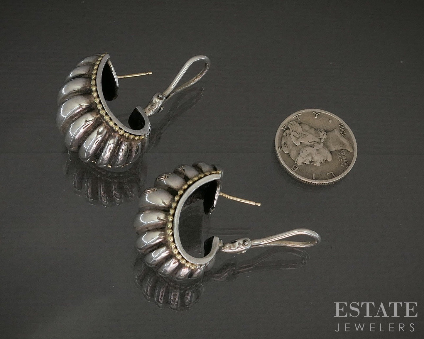 18k & Sterling Lagos Caviar Scalloped Half Hoop Omega Back Earrings 31g p20973