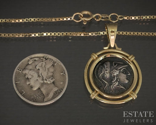 14k Yellow Gold Alexander the Great Silver Coin Pendant & Necklace 10.3g p21524