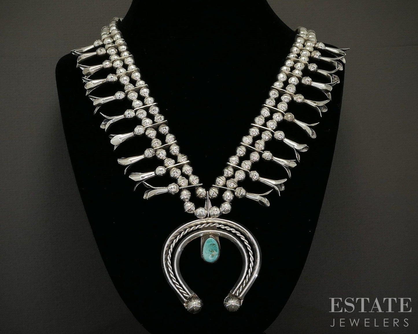 Sterling Natural Turquoise Navajo Signed Squash Blossom Necklace 114g p20963