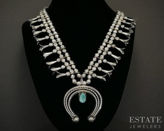 Sterling Natural Turquoise Navajo Signed Squash Blossom Necklace 114g p20963