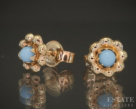 18k Yellow Gold Natural Turquoise Flower Stud Ladies Earrings 1.2g p21223