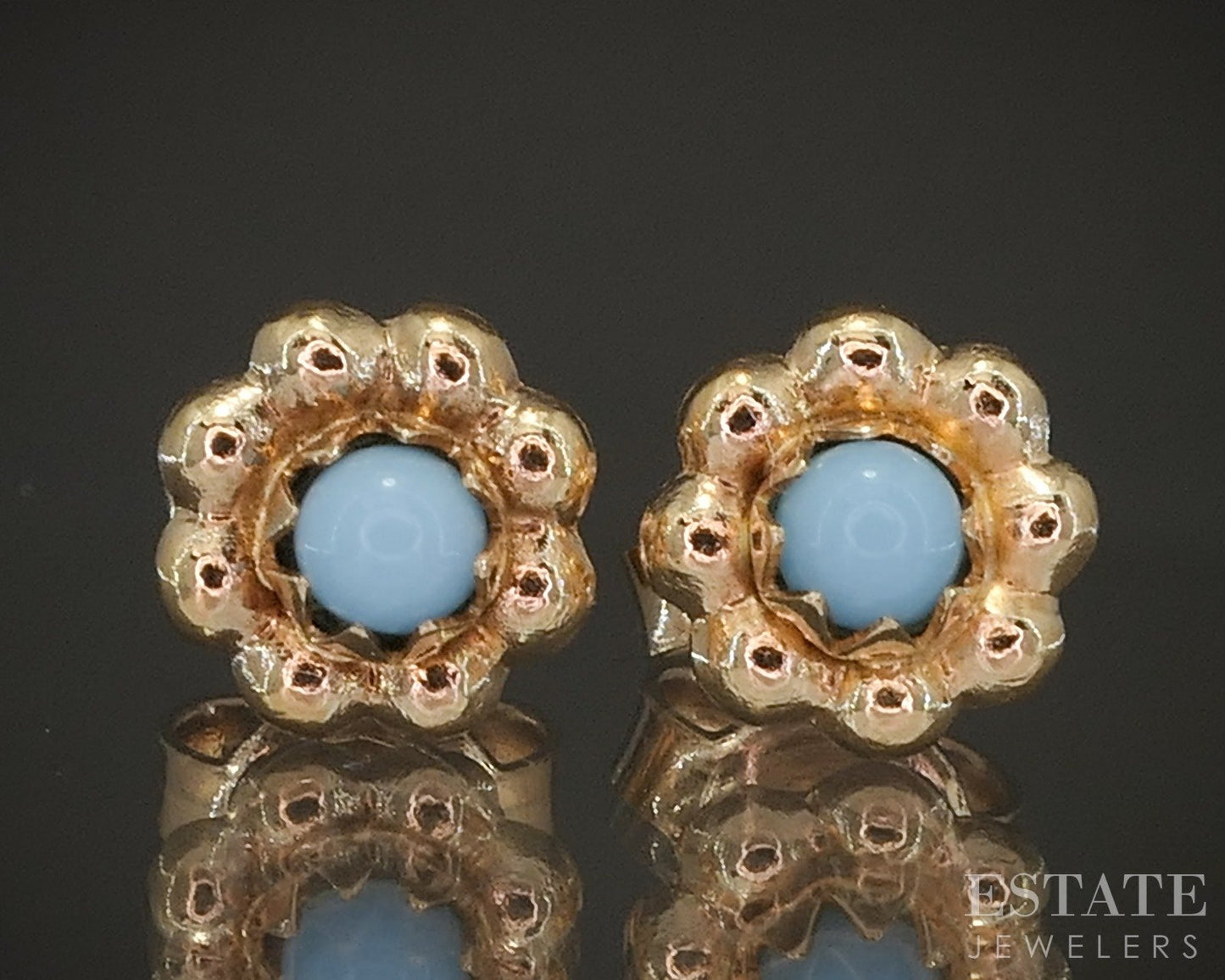 18k Yellow Gold Natural Turquoise Flower Stud Ladies Earrings 1.2g p21223