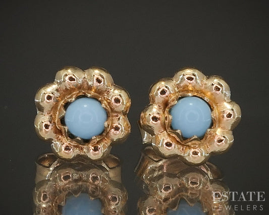 18k Yellow Gold Natural Turquoise Flower Stud Ladies Earrings 1.2g p21223