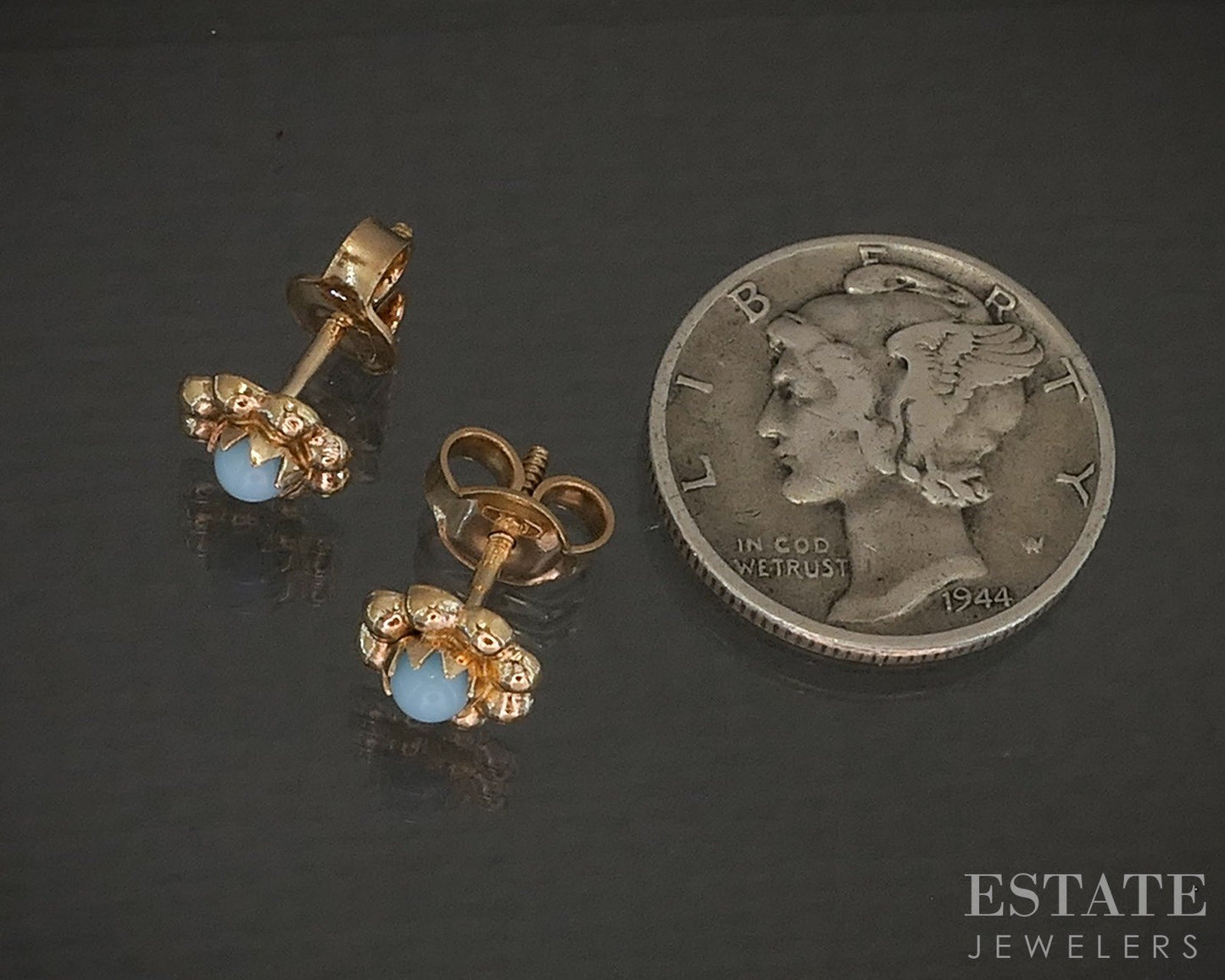 18k Yellow Gold Natural Turquoise Flower Stud Ladies Earrings 1.2g p21223