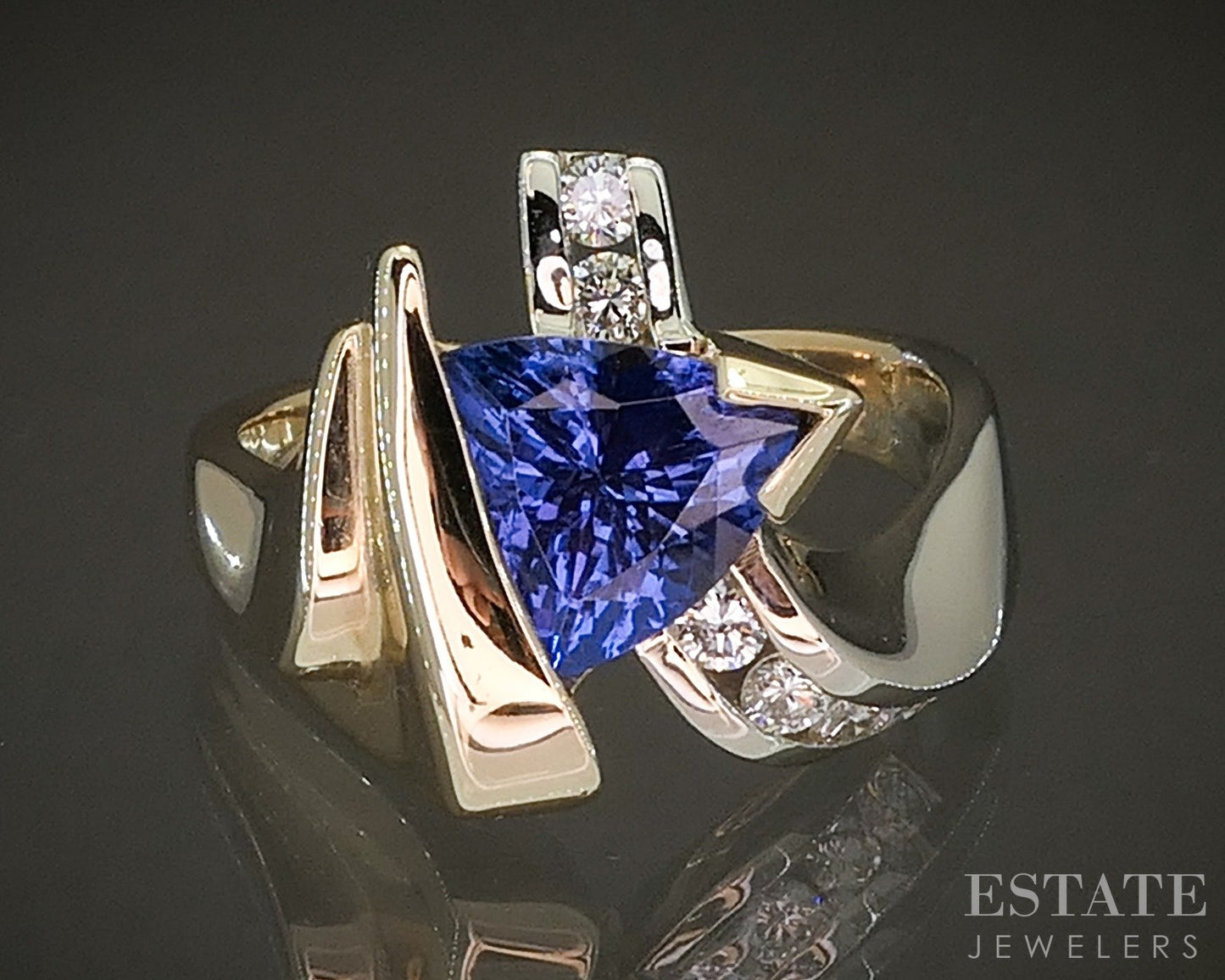 14k Two Tone Gold Trillion 2ct Natural Tanzanite & Diamond Ring 9.5g p22707