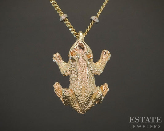 14k Yellow & White Gold Beaded Link Frog Charm Ladies Necklace 4.2g 18"L p22430