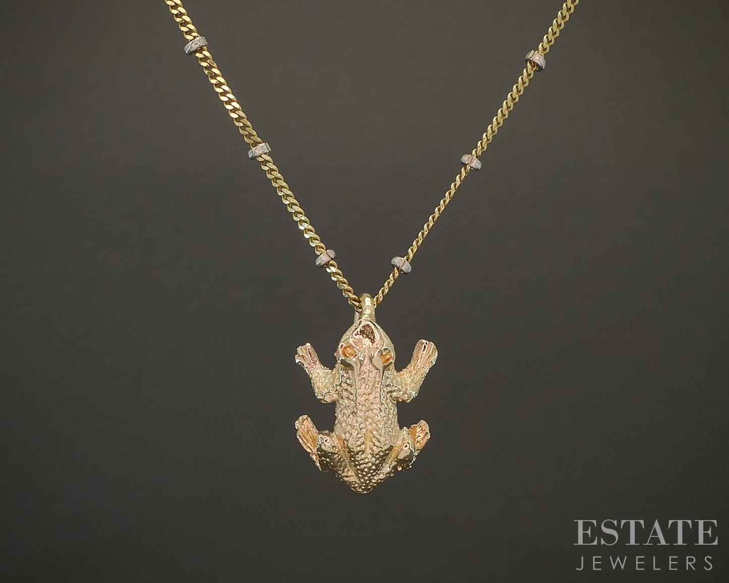 14k Yellow & White Gold Beaded Link Frog Charm Ladies Necklace 4.2g 18"L p22430