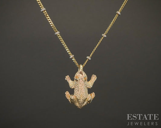 14k Yellow & White Gold Beaded Link Frog Charm Ladies Necklace 4.2g 18"L p22430