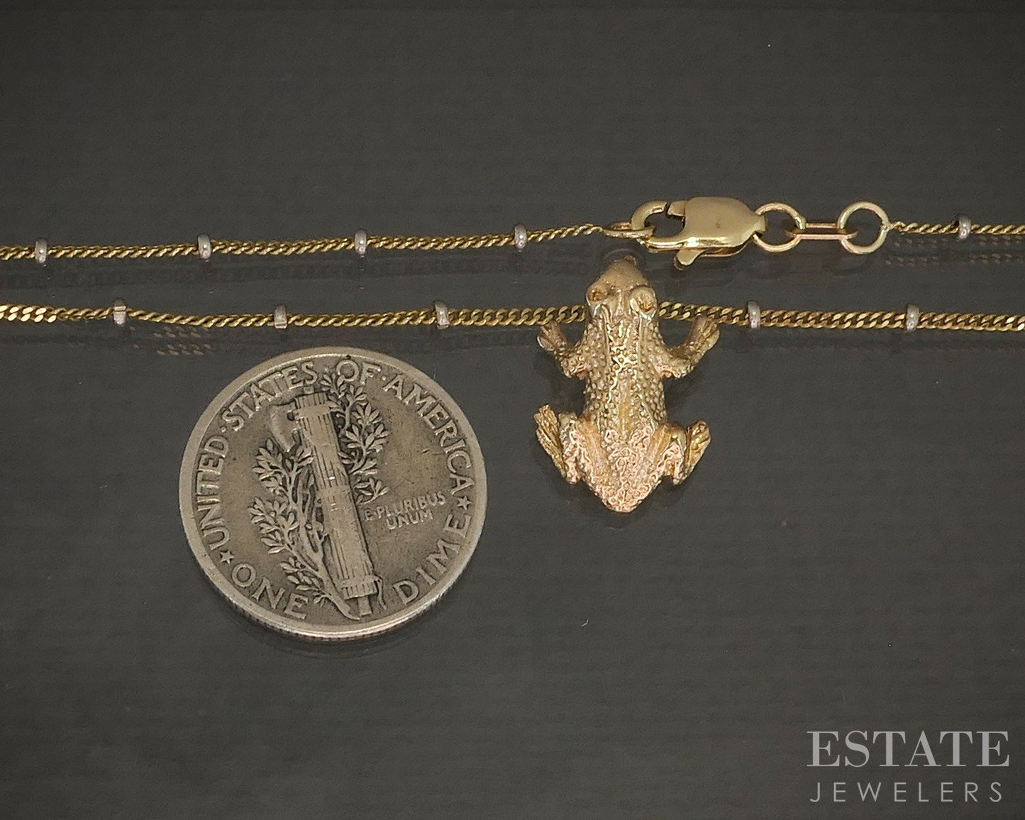 14k Yellow & White Gold Beaded Link Frog Charm Ladies Necklace 4.2g 18"L p22430