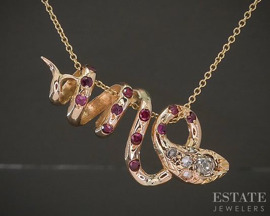Antique Victorian 14k Yellow Gold Ruby & Diamond Snake Necklace 6.3g 20"L p22692