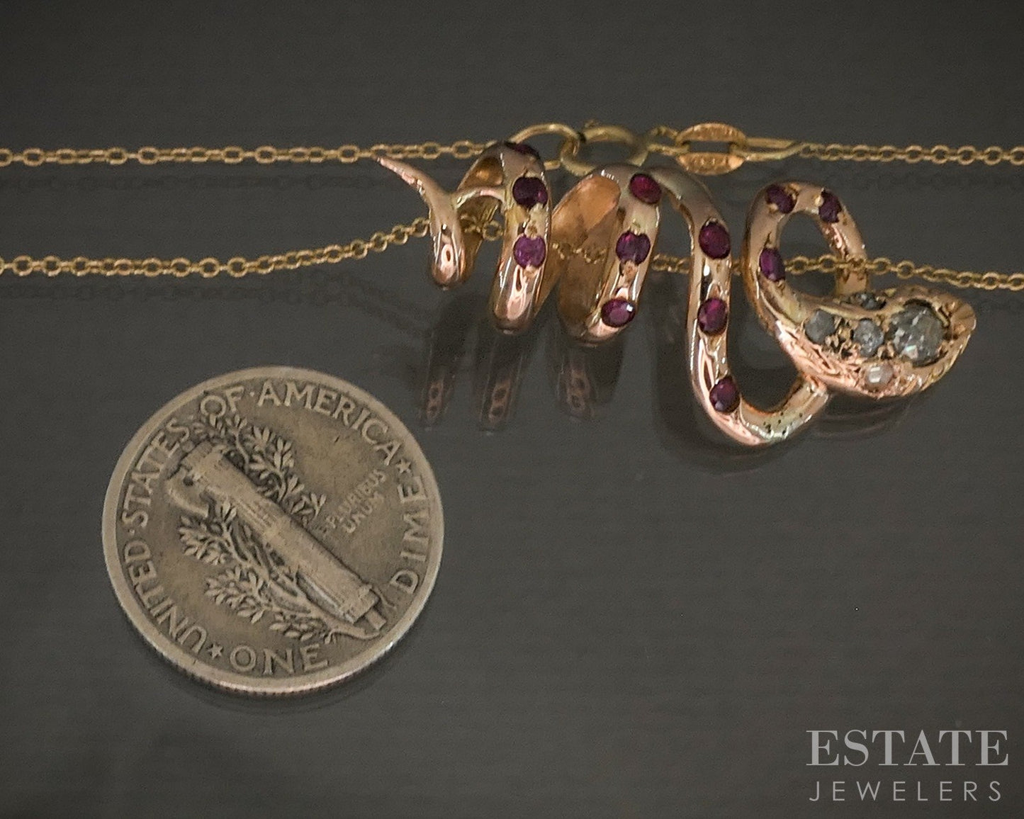 Antique Victorian 14k Yellow Gold Ruby & Diamond Snake Necklace 6.3g 20"L p22692