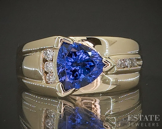 14k Yellow Gold Trillion 2ct Natural Tanzanite & Diamond Ladies Ring 6.6g p22659