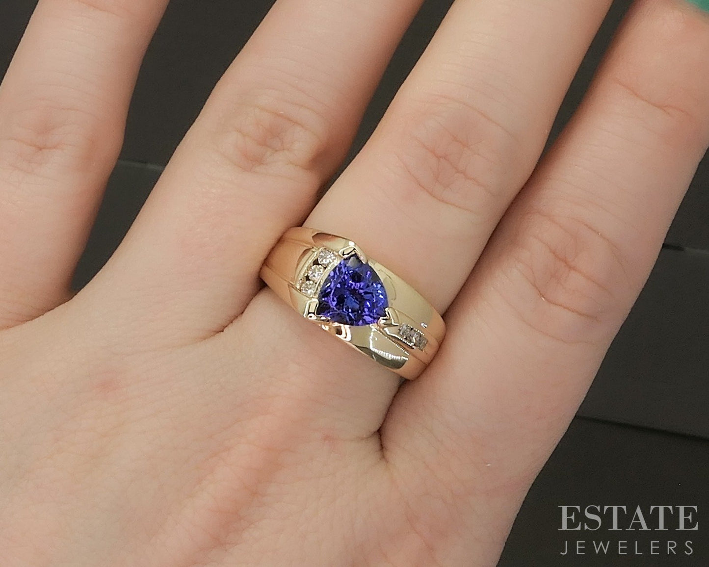 14k Yellow Gold Trillion 2ct Natural Tanzanite & Diamond Ladies Ring 6.6g p22659