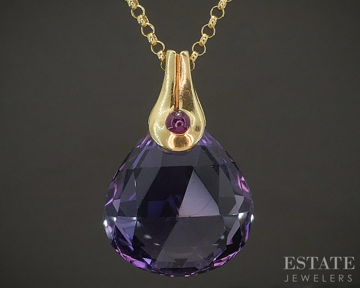 18k Yellow Gold Briolette Natural Amethyst & Ruby Necklace 9.1g 16"L p22660