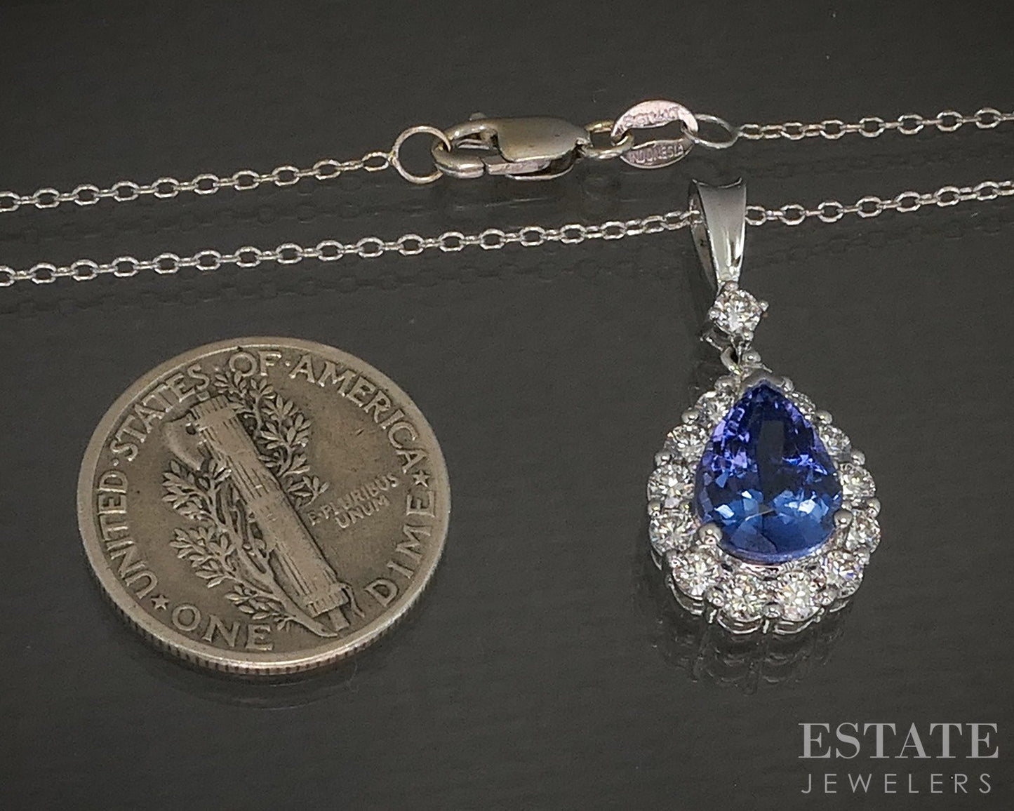 14k White Gold Pear Natural 2ct Tanzanite & Diamond Necklace 3.9g 21"L p22721