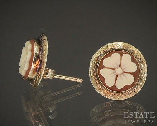 Antique 14k Yellow Gold Natural Cameo Flower Stud Earrings 1.2g p18544b