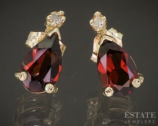 14k Yellow Gold Pear Natural Garnet & Diamond Stud Earrings 2.0g p14778b