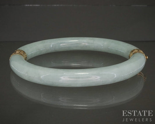 Vintage 14k Yellow Gold Natural Green Jade Bangle Bracelet 46g p17737b