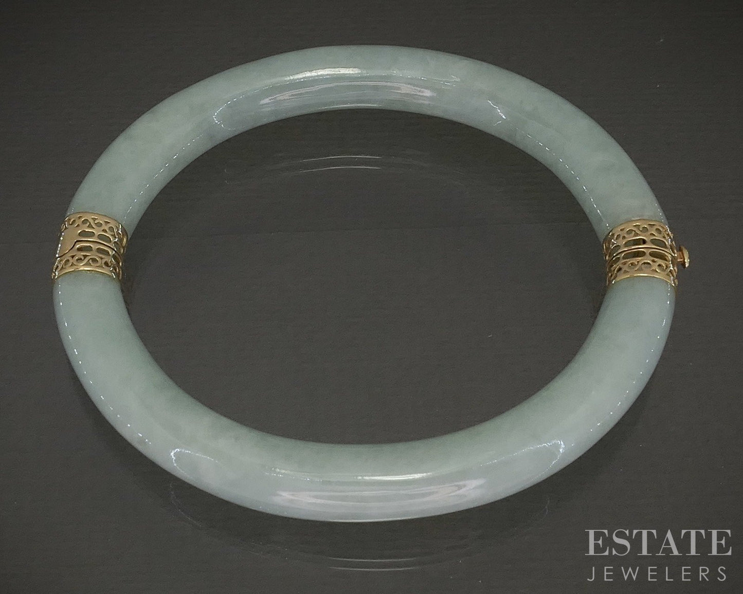 Vintage 14k Yellow Gold Natural Green Jade Bangle Bracelet 46g p17737b